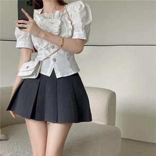 Short-sleeve Frill Trim Blouse / Pleated Mini A-line Skirt