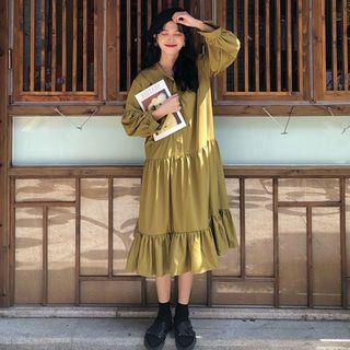 Plain Puff-sleeve Loose-fit Midi Dress