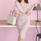 Set: Elbow-sleeve V-neck Sweater + Knit Midi Skirt Sweater & Knit Skirt - As Shown In Figure - One Size
