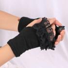Lace Trim Fingerless Gloves Black - One Size