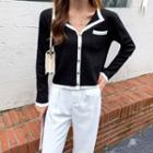 Long Sleeve V-neck Contrast Trim Crop Top