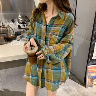 Long-sleeve Plaid Shirt Plaid - Yellow & Blue - One Size