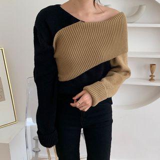 Patchwork Turtleneck Cutout Sweater