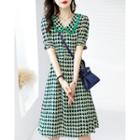 Puff-sleeve Printed Collared A-line Dress