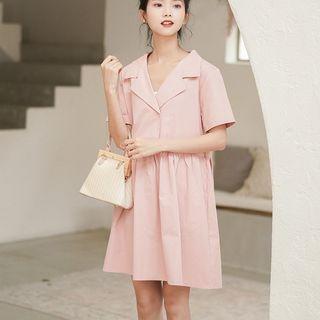 Collared Short-sleeve A-line Dress Pink - One Size