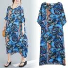 Elbow-sleeve Graphic Print A-line Midi Dress Blue - One Size