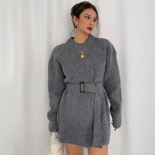Loose-fit Mini Sweater Dress With Belt