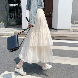 Irregular Tiered Mesh Midi A-line Skirt