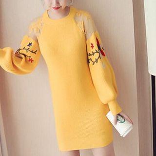 Panel Sleeve Floral Embroidered Long Sweater