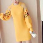 Panel Sleeve Floral Embroidered Long Sweater