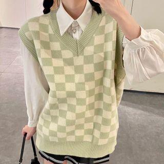 Check Sweater Vest Green - One Size