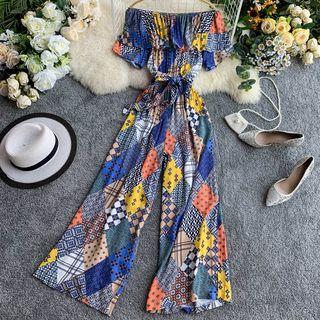 Short-sleeve Off-shoulder Wide-leg Jumpsuit