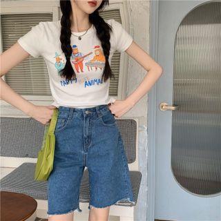 Short-sleeve Cartoon Print Cropped T-shirt / Denim Straight Leg Shorts