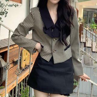 Long-sleeve Contrast Collar Plaid Cropped Blazer / Plain Mini Skort