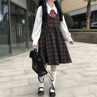 Plain Shirt / Plaid Pinafore Dress / Bow Tie