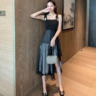 Sleeveless Bow Asymmetric Panel Striped Dress