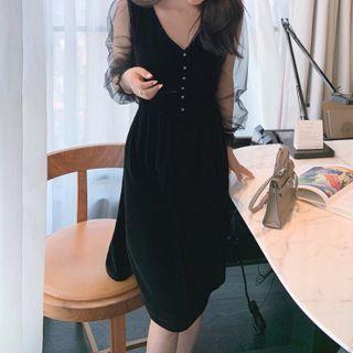 Mesh Panel Tie-waist Midi A-line Dress