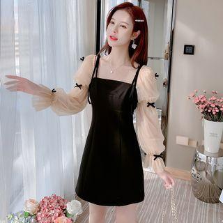 Mock Two-piece Bow Mesh Long-sleeve Panel Plain Spaghetti-strap Dress