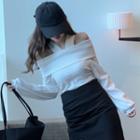 Cold-shoulder Balloon-sleeve Ribbed Sweater