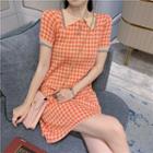 Short-sleeve Plaid Mini Knit Polo Dress As Shown In Figure - One Size