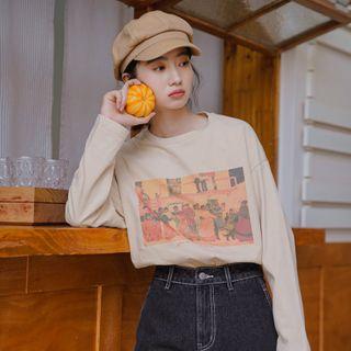 Printed Long-sleeve T-shirt Top - Almond - One Size