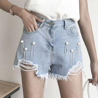 Faux Pearl Distressed Denim Shorts