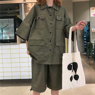 Set: 3/4-sleeve Cargo Shirt + Shorts Army Green - One Size
