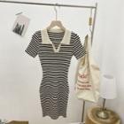 Short-sleeve Collared Striped Knit Mini Sheath Dress Black & Beige - One Size