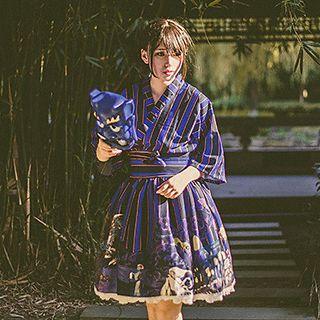 Striped Haori / Printed A-line Skirt / Sash / Set: Striped Haori + Printed A-line Skirt + Sash