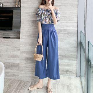 Set: Off-shoulder Floral Top + Wide Leg Pants