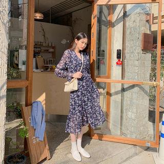 Floral Chiffon Long Gathered Dress