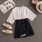 Set: Short-sleeve T-shirt + Denim Mini A-line Skirt