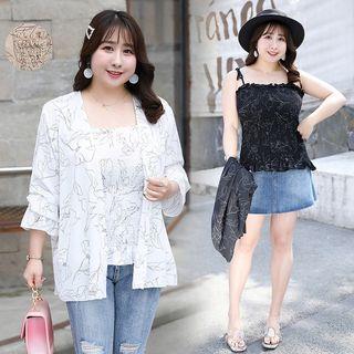 Set: Print Spaghetti Strap Top + Light Jacket
