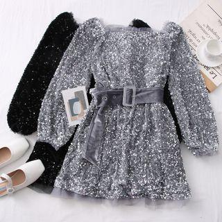 Sequined Boatneck Mini Dress With Belt