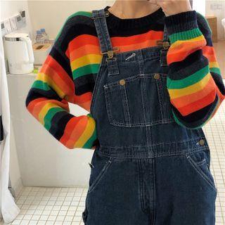 Color Block Striped Sweater Black & Orange & Yellow - One Size