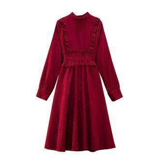 Long-sleeve Frill Trim Shirred Midi A-line Dress