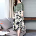 Set: Elbow-sleeve Top + Leaf Print Midi A-line Skirt