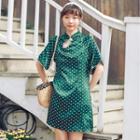 Mandarin Collar Short-sleeve Dotted Mini A-line Dress