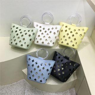 Set: Perforated Faux Leather Bucket Bag + Drawstring Pouch