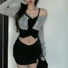 Long-sleeve Off-shoulder Crop Top / Camisole Top / Mini Skirt
