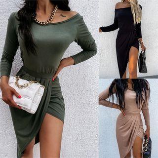 Long Sleeve Off Shoulder Irregular-hem Mini Dress