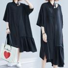 Collared Asymmetric Cutout Midi A-line Dress Black - One Size