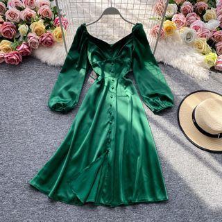 Long Sleeve V-neck Plain Midi Dress