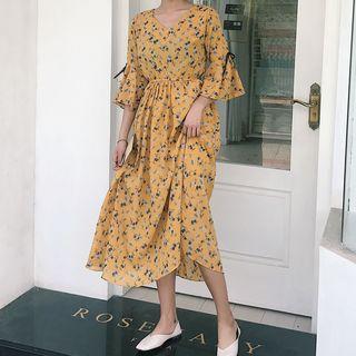 Floral Print 3/4 Sleeve Flared Dress