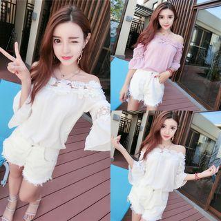 Lace Panel Off-shoulder Elbow-sleeve Top