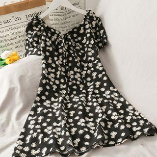 Daisy-print V-neck Mini Dress Black - One Size