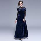 Long-sleeve Lace-panel Maxi A-line Velvet Dress