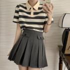 Short-sleeve Collar Striped T-shirt / Mini Pleated Skirt