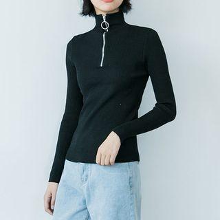 Half-zip Long-sleeve Knit Top Black - One Size