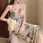 Halter-neck Floral Print Chiffon Midi Sheath Dress / Cropped Jacket